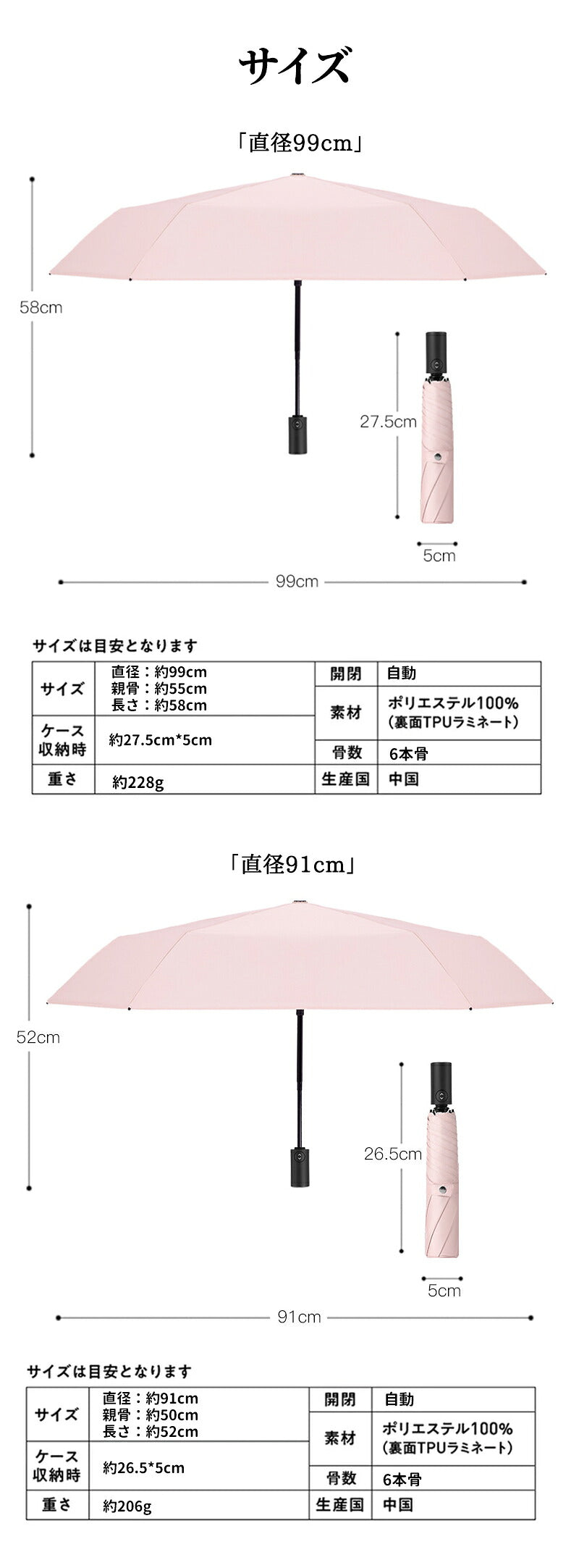 【逆戻り防止機能付】 日傘 完全遮光 自動開閉 折りたたみ わずか206g UPF50+ 直径91/99cm 軽量 遮光率100% 晴雨兼用 6本骨 UVカット 遮光 遮熱 日焼け対策 涼しい かわいい おしゃれ レディース メンズ 折りたたみ傘 晴雨兼用傘