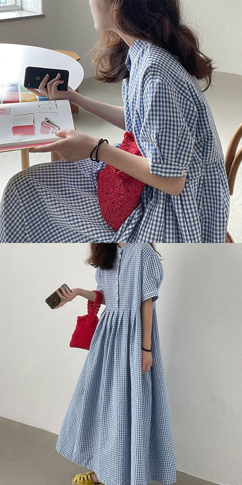 シャツワンピース シャツワンピ ワンピ ロングワンピース マキシ丈 ロング丈 レディース 大人 夏 ギンガムチェック チェック柄 スタンドカラー フレア ゆったり カジュアル 体型カバー かわいい おしゃれ ブルー