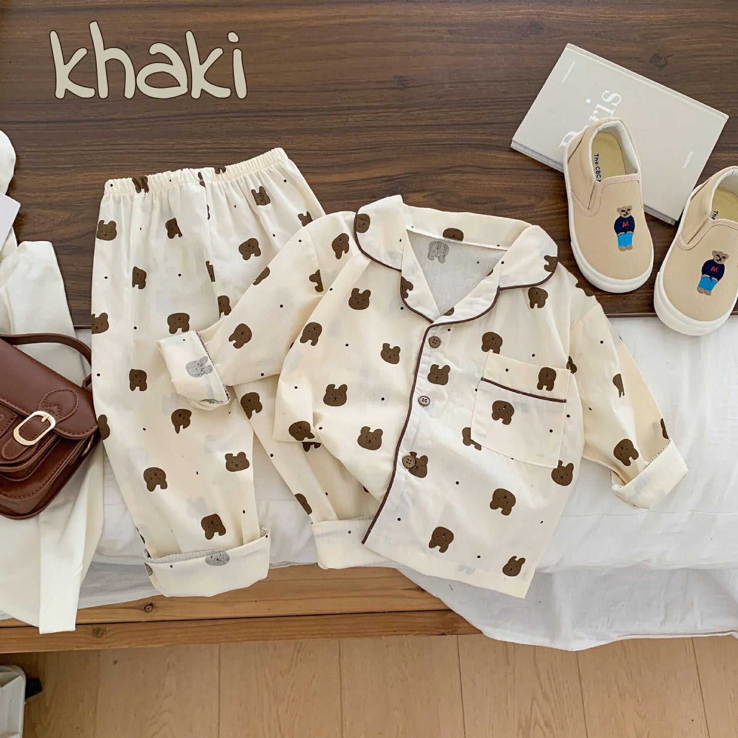 くま ベビー パジャマ 子供 長袖 上下セット 前開き ボタン 肌着 部屋着 ルームウェア ベージュ 女の子 男の子 長袖コットン 綿 クマ柄 プレゼント ギフkidpajamas-001