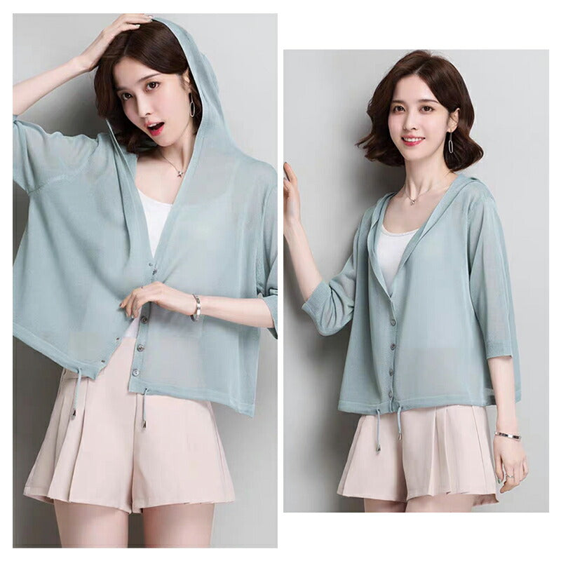 パーカー レディース 薄手 夏 パーカー レディース おしゃれ ロング丈 UVカット 紫外線対策 冷房対策 前開き ボタン ストライプ 春 夏 大き uvpaka-012-cp