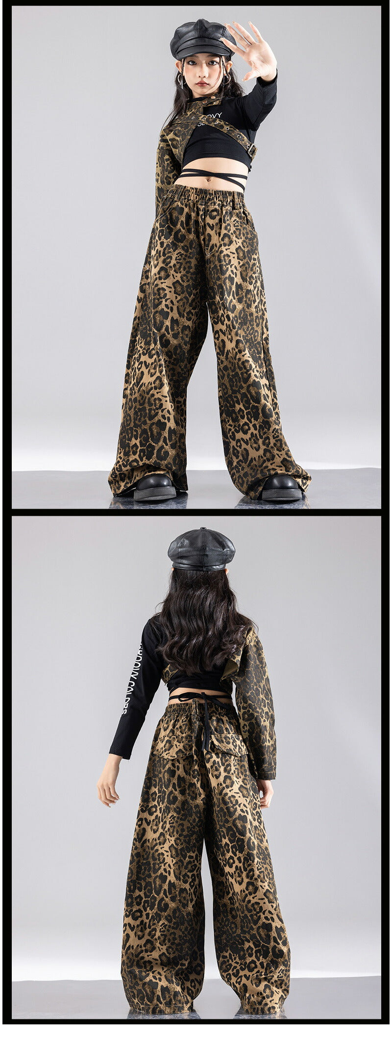 ダンス衣装 キッズ 衣装 セットアップ ヒョウ柄 jazz k-pop キッズダンス衣装 デニム 子供服 女の子 ヘソ出し グレー ベージュ デニム チア ヒップホップ キッズダンス k-pop衣装 アームカバー 片腕 黒トップス ロングパンツ ジャズダンス 発表会 チアガール 韓国ファション