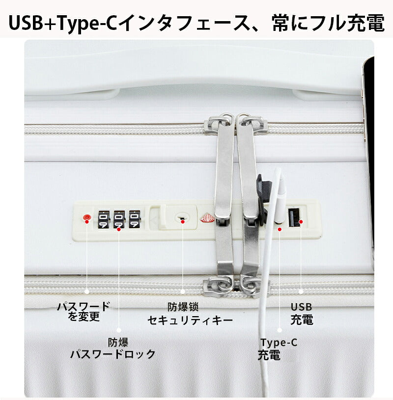 スーツケース フロントオープン キャリーケース キャリーバッグ アルミフレーム ファスナータイブ 機内持込み USBポート カップホルダー ダイヤル式ロック 静音 軽量 多収納ポケット 大容量 キャリーケース 出張 国内旅行 修学旅行