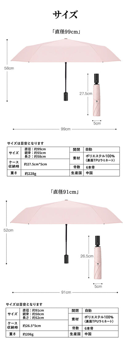 【逆戻り防止機能付】 日傘 完全遮光 自動開閉 折りたたみ わずか206g UPF50+ 直径91/99cm 軽量 遮光率100% 晴雨兼用 6本骨 UVカット 遮光 遮熱 日焼け対策 涼しい かわいい おしゃれ レディース メンズ 折りたたみ傘 晴雨兼用傘