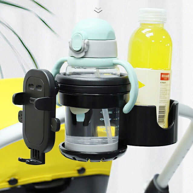 ドリンクホルダー ベビーカー スマホホルダー 自転車 カップホルダー 2個 哺乳瓶 飲み物 おしゃれ キッズ 2in1 ボトルホルダー 360度回転 取り付け 収納便利 赤ちゃん 子供用 ペットボトル かわいい 水分補給 角度調整 スマホ対応