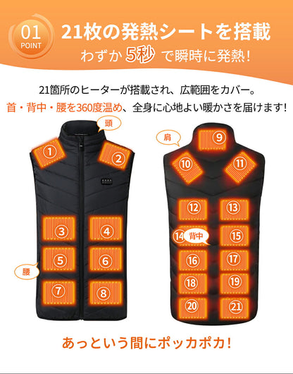 電熱ベスト日本製 21枚繊維ヒーター 20000mAhバッテリー 発熱ベスト 3段温度調整 防寒ベスト ヒーター 付き 加熱ベスト インナー usb 電気ベスト レディース メンズ 防寒 速暖 電熱ウェア 大きいサイズ 男女兼用