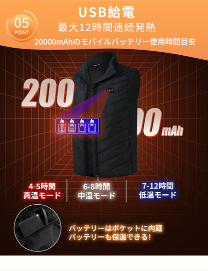 電熱ベスト日本製 21枚繊維ヒーター 20000mAhバッテリー 発熱ベスト 3段温度調整 防寒ベスト ヒーター 付き 加熱ベスト インナー usb 電気ベスト レディース メンズ 防寒 速暖 電熱ウェア 大きいサイズ 男女兼用
