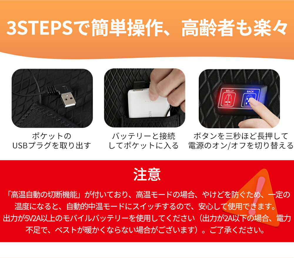 ヒーターベスト バッテリー付 11枚発熱ヒーター 電熱ジャケット USB給電式 MAX約75℃ 加熱ベスト 日本製繊維besuto-023
