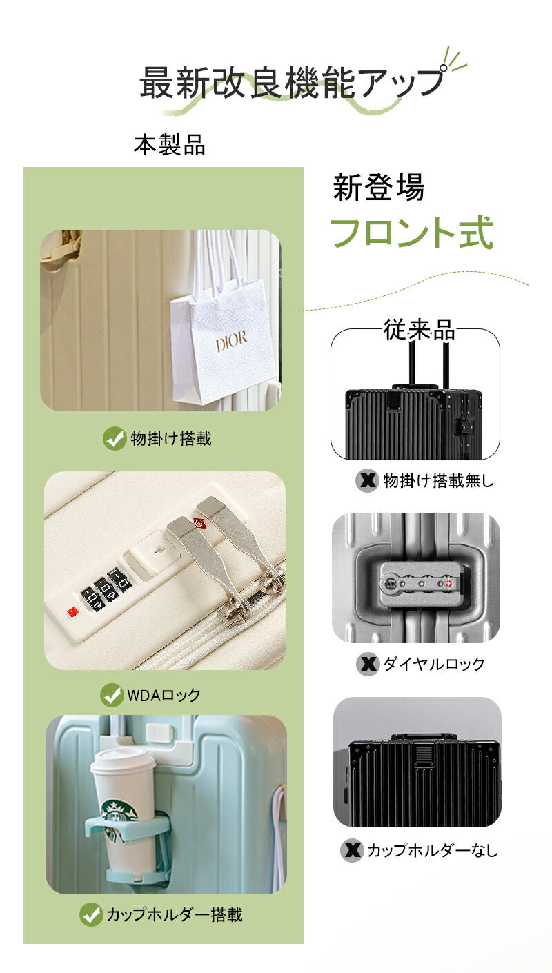 スーツケース キャリーケース フロントオープン キャリーバッグ 多機能 ドリンクホルダー usb スマホスタンド 機内持ち込み 軽量 大容量 多収納ポケット 静音 小型 TSAロック搭載 Sサイズ 可愛い 3-5日用 泊まる 海外 国内 旅行出張