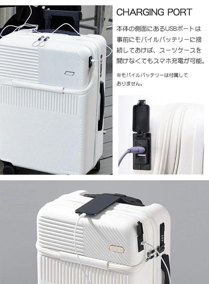 スーツケース フロントオープン 機内持ち込み Sサイズ ファスナータイプ USBポート付き キャリーケース 軽量 トップオープン 前開き キャリーバッグ ビジネス 出張 旅行 メンズ かわいい 静音 ブラック トランクケース 小型 大容量