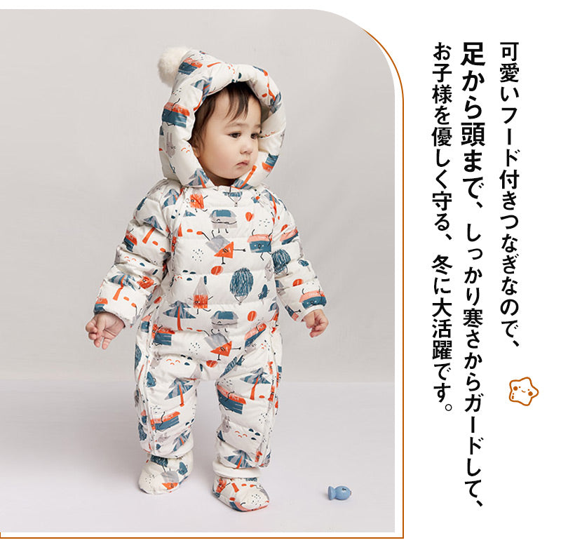 ジャンプスーツ ベビー カバーオール  キッズ  ベビー服 フード付き 女の子 男の子 ダウンコート ロンパース 雪遊び  ファスナース ナップボタン 長袖 防寒抜群 撥水加工  3色 66cm 73cm 80cm 90cm 100cm 送料無料