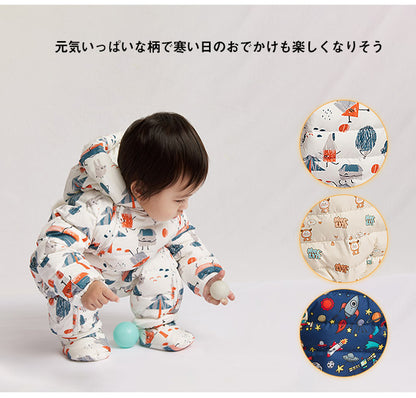 ジャンプスーツ ベビー カバーオール  キッズ  ベビー服 フード付き 女の子 男の子 ダウンコート ロンパース 雪遊び  ファスナース ナップボタン 長袖 防寒抜群 撥水加工  3色 66cm 73cm 80cm 90cm 100cm 送料無料