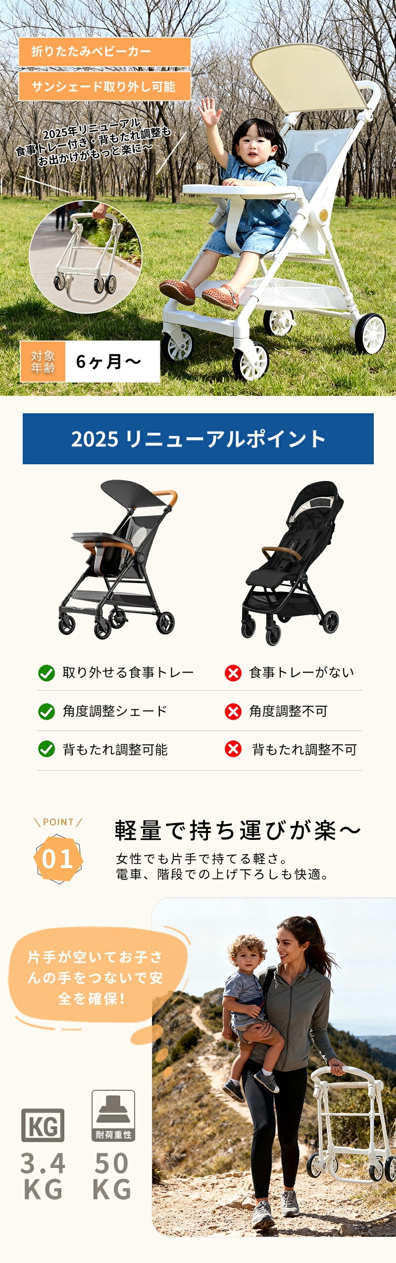 ベビーカー 軽量 折りたたみ コンパクト バギー 3.4kg 持ち運び ポータブル ワンタッチ展開 サンルーフ 赤ちゃん 子ども 1歳 2歳 3歳 小型 メッシュ セカンドベビーカー 耐荷重50kg b型 ストローラー 4輪