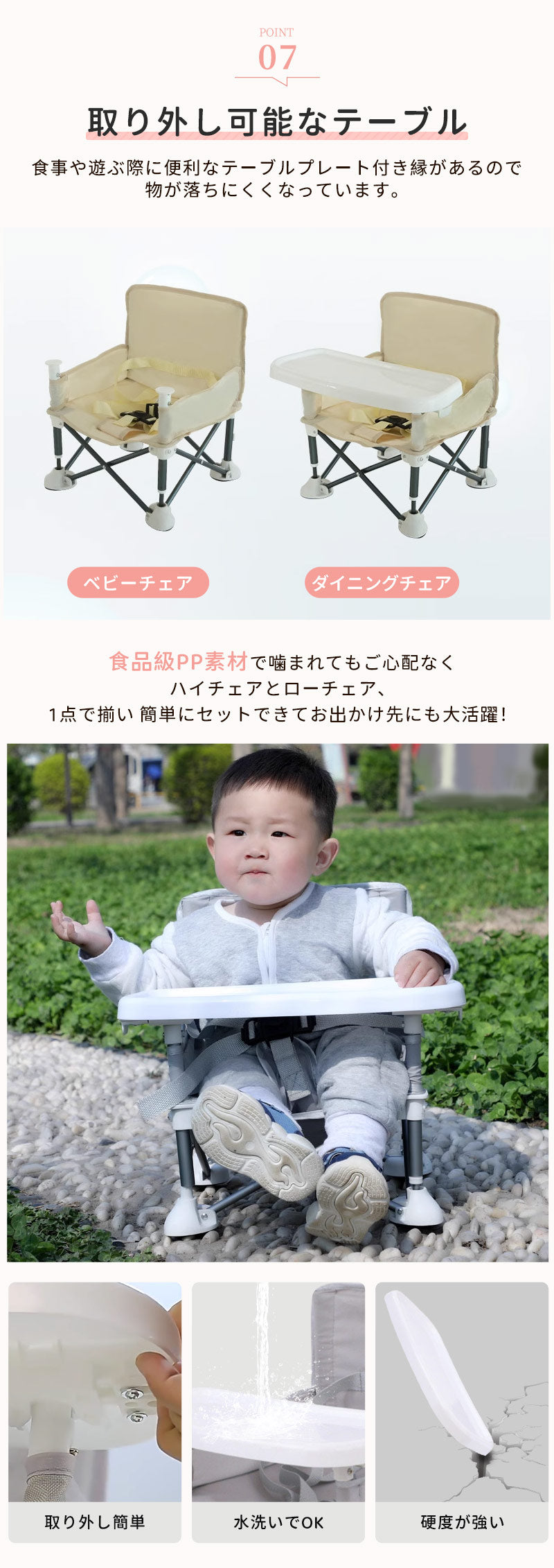 ベビーチェア 折りたたみ キッズ テーブルチェア サンシェード付き ローチェア  動き回り防止 食事トレイ付き 赤ちゃん用 軽量 コンパクト アウトドア ピクニックチェア ビーチチェア 屋外用 安全ベルト付き 旅行用 帰省用 持ち運び