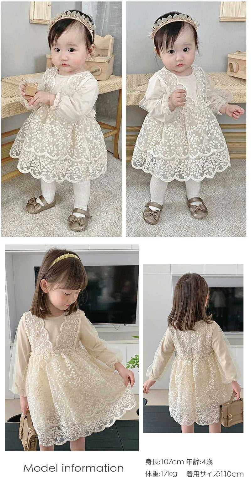 ベビードレス 長袖 半袖 セレモニードレス 女の子 ワンピース 結婚式 赤ちゃん 子供服 ロンパース レース ベージュ ベビー服 春 秋 フォーマル 膝丈 かわbabysgato-001