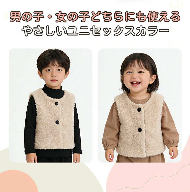 ベビーベスト 90-130cm ふわモコ ボアベスト キッズ 無地 秋冬 重ね着 体温調節 防寒 暖かい 男の子 女の子 男女兼用 スナップボタン 子供服 アウター