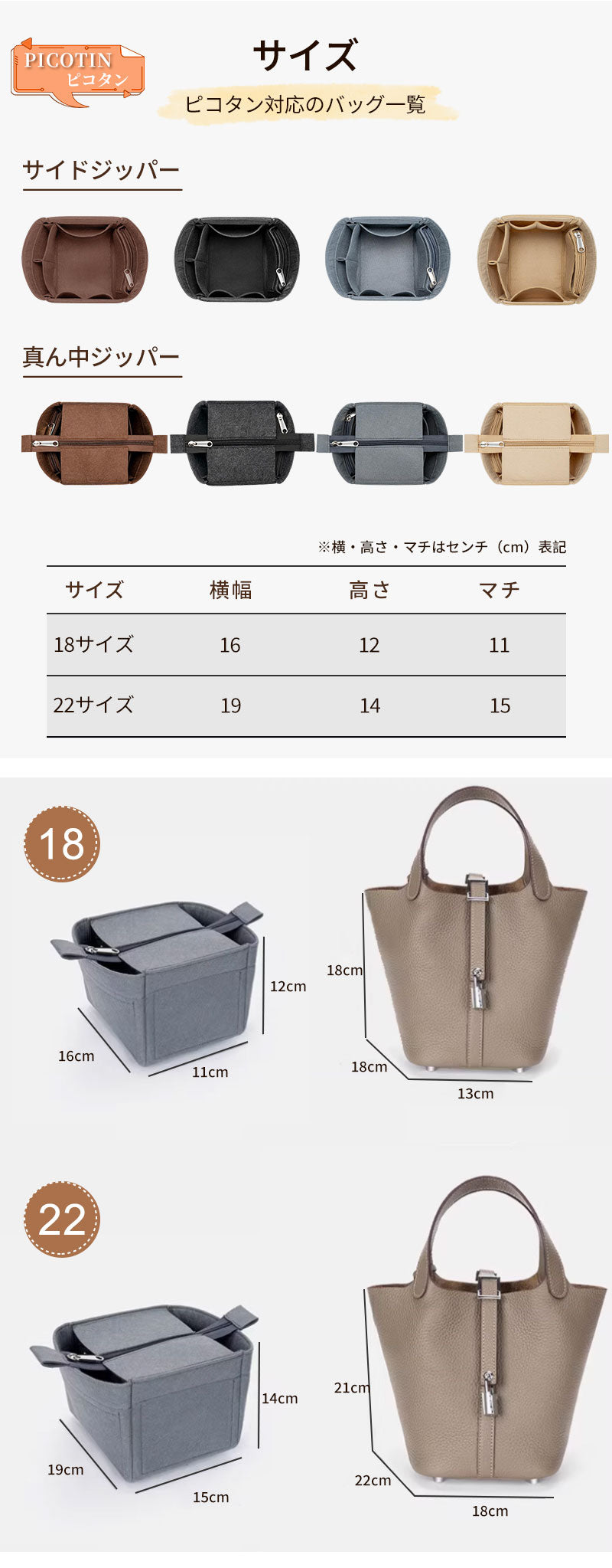 バックインバックピコタン ピコタンバッグ  Picotin 18/22用 インナーバッグ おしゃれ ブランド オシャレ キューブバッグ レディース バッグ オーガナイザー 軽量 フェルト シンプル 大容量 自立  仕切り ファスナー エルメス