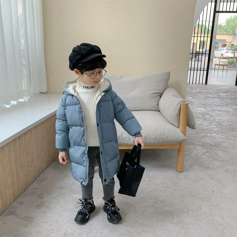 キッズ アウター ダウンコート ダウンジャケット ロング丈 フード付き 女の子 男の子 中綿 厚手 防寒 撥水 防風 可愛い 軽い 暖かい ジュニア コート ジャケット 子供服 シンプル ロングコート 冬 洗えるトップス 無地 子供