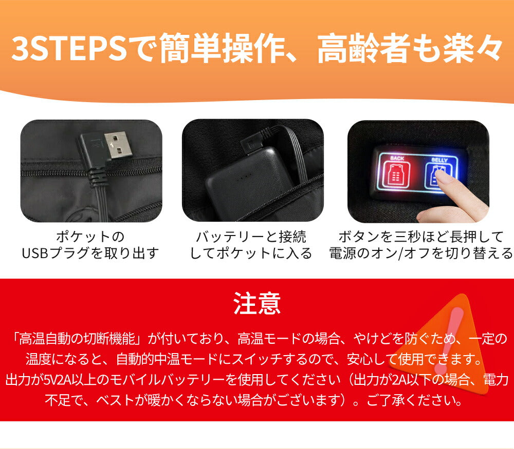 電熱ベスト バッテリー付 ヒーターベスト バッテリー付 16枚発熱ヒーター 電熱ジャケット USB給電式 MAX約75℃ 加熱ベスト 日本製繊維ヒーター ベストbesuto-024