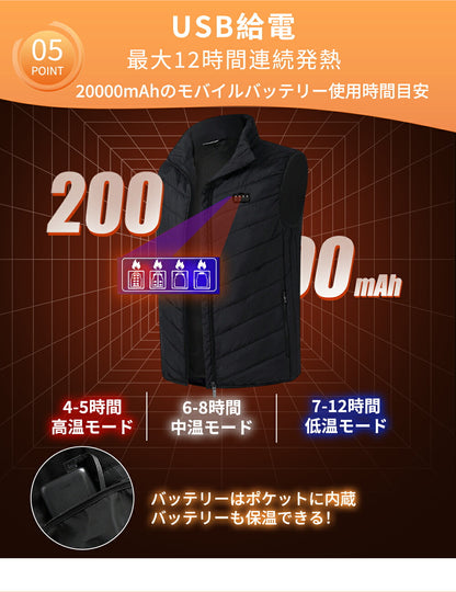 電熱ベスト日本製 21枚繊維ヒーター 20000mAhバッテリー 発熱ベスト 3段温度調整 防寒ベスト ヒーター 付き 加熱ベスト インナー usb 電気ベスト レディース メンズ 防寒 速暖 電熱ウェア 大きいサイズ 男女兼用