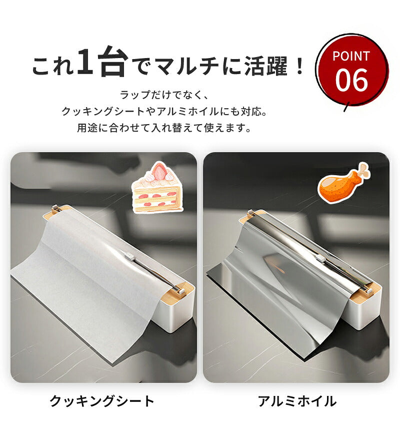ラップケース ラップカッター ラップホルダー ラップカット マグネット 壁掛け 吸盤付き 両方向スライド 双方向切断 密封フィルム対応 収納便利 クッキングシート アルミホイルケース キッチン箔 フィルムディスペンサー 冷蔵庫 キッチン キッチン雑貨