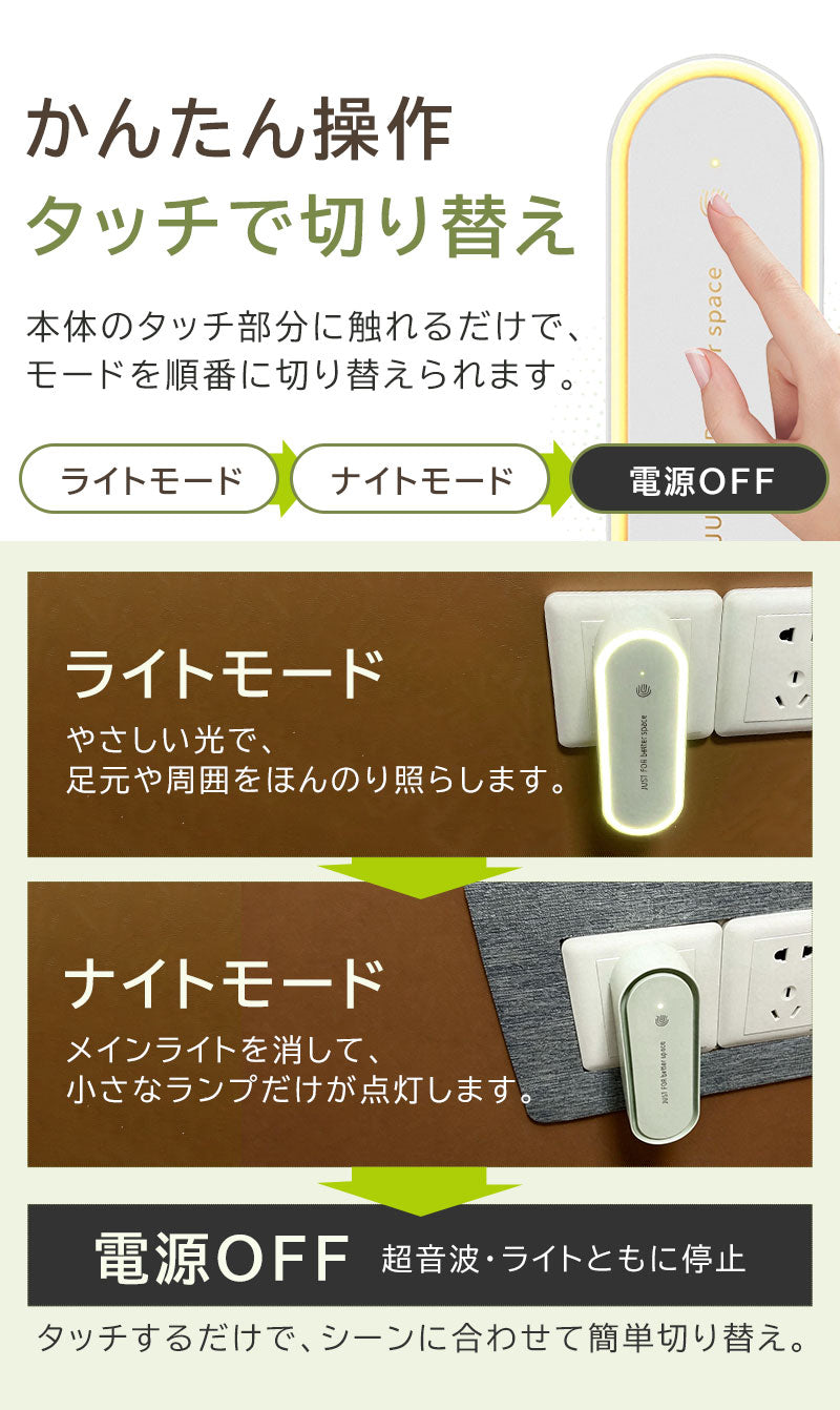超音波駆蚊器 害虫駆除器 虫除け 蚊取り器 蚊よけ器 超音波 コンセント式 LEDライト付き 薬剤不使用 安心安全 静音 省エネ設計 コンパクト 小型 ネズミ 蚊 ゴキブリ 害虫対策 蚊駆除 室内 寝室 玄関 キッチン ダイニング オフィス 自宅 倉庫 春 夏 梅雨