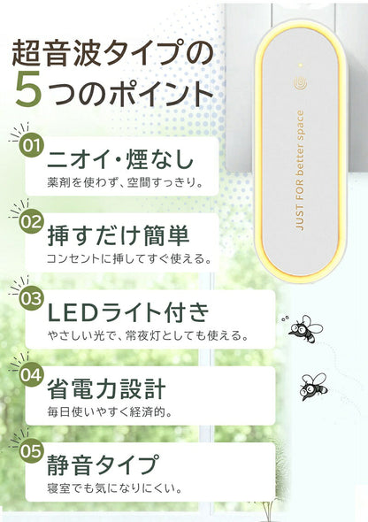 超音波駆蚊器 害虫駆除器 虫除け 蚊取り器 蚊よけ器 超音波 コンセント式 LEDライト付き 薬剤不使用 安心安全 静音 省エネ設計 コンパクト 小型 ネズミ 蚊 ゴキブリ 害虫対策 蚊駆除 室内 寝室 玄関 キッチン ダイニング オフィス 自宅 倉庫 春 夏 梅雨