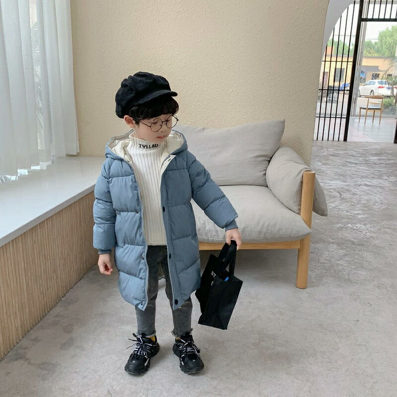 ダウンコート キッズ アウター ダウンジャケット ロング丈 フード付き 女の子 男の子 中綿 送料無料 厚手 防寒 撥水 防風 可愛い 軽い ジュニア コート ジャケット 子供服 シンプル ロングコート 冬 洗える 110~150cm トップス 無地 子供