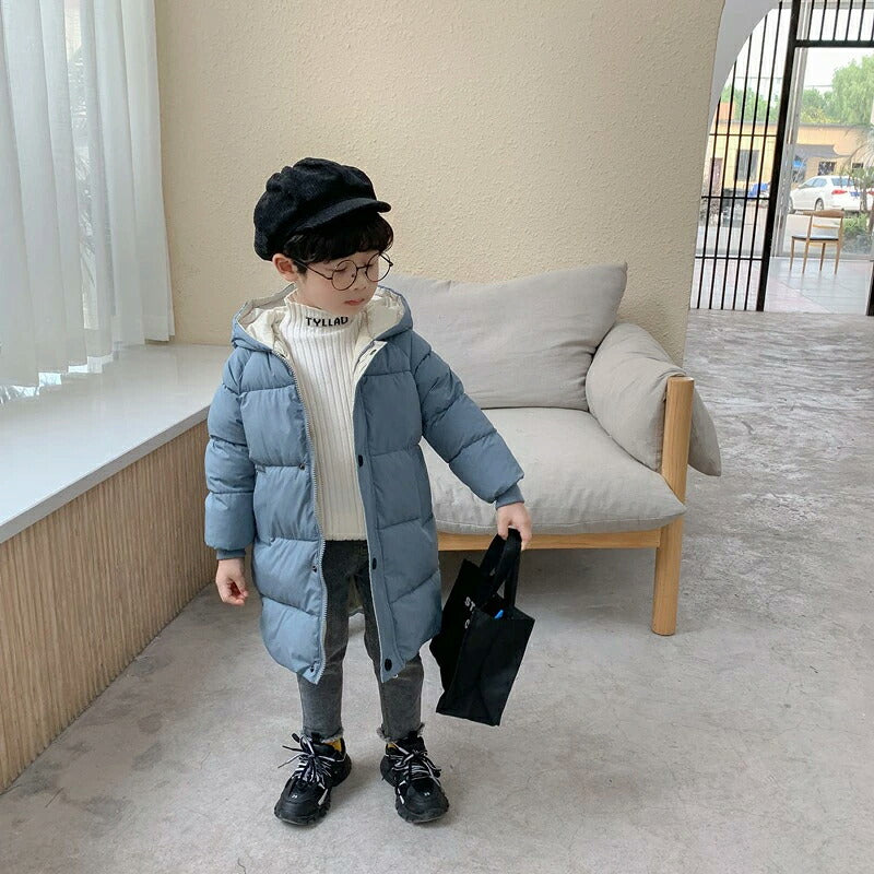 ダウンコート キッズ アウター ダウンジャケット ロング丈 フード付き 女の子 男の子 中綿 送料無料 厚手 防寒 撥水 防風 可愛い 軽い ジュニア コート ジャケット 子供服 シンプル ロングコート 冬 洗える 110~150cm トップス 無地 子供