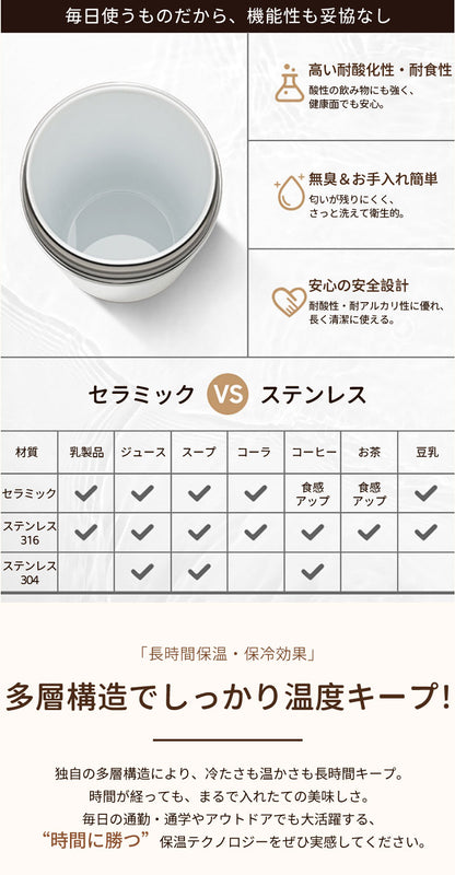 タンブラー セラミック タンブラー500ML 二重構造 保温携帯コーヒーカップ コーヒー おしゃれ 溢れにくい 魔法瓶 保冷 耐熱 蓋付き 直接ドリップ ブラック 3Way 真空断熱トラベルカップ 軽量 持ち運び