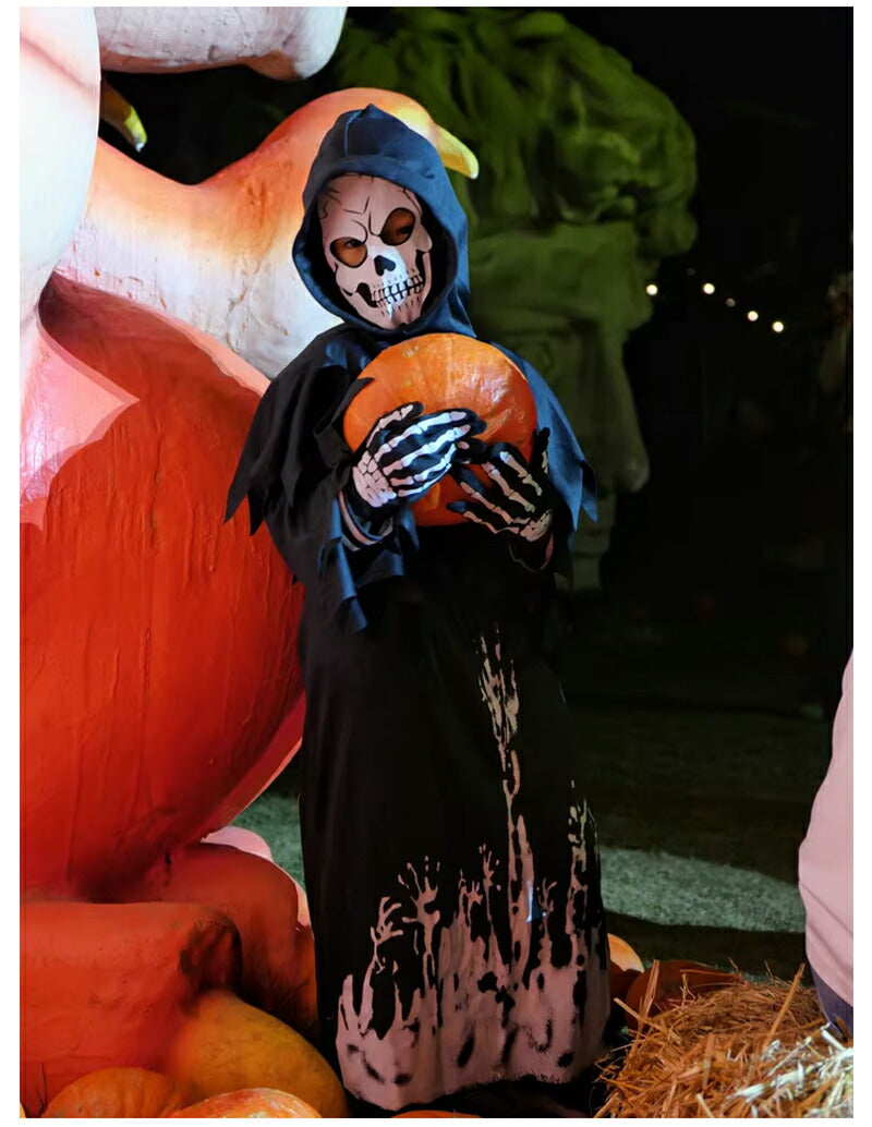ハロウィン 衣装 子供 死神 鎌付き 4点・3点セット マント フード付き 悪魔 どくろ  骸骨 コスプレ  蛍光効果 ローブ 女の子 男の子 子供用 ハロウィン仮装 手袋 マスク 死神コス パーティー ハロウィーン衣装 キッズ 演出服 舞台