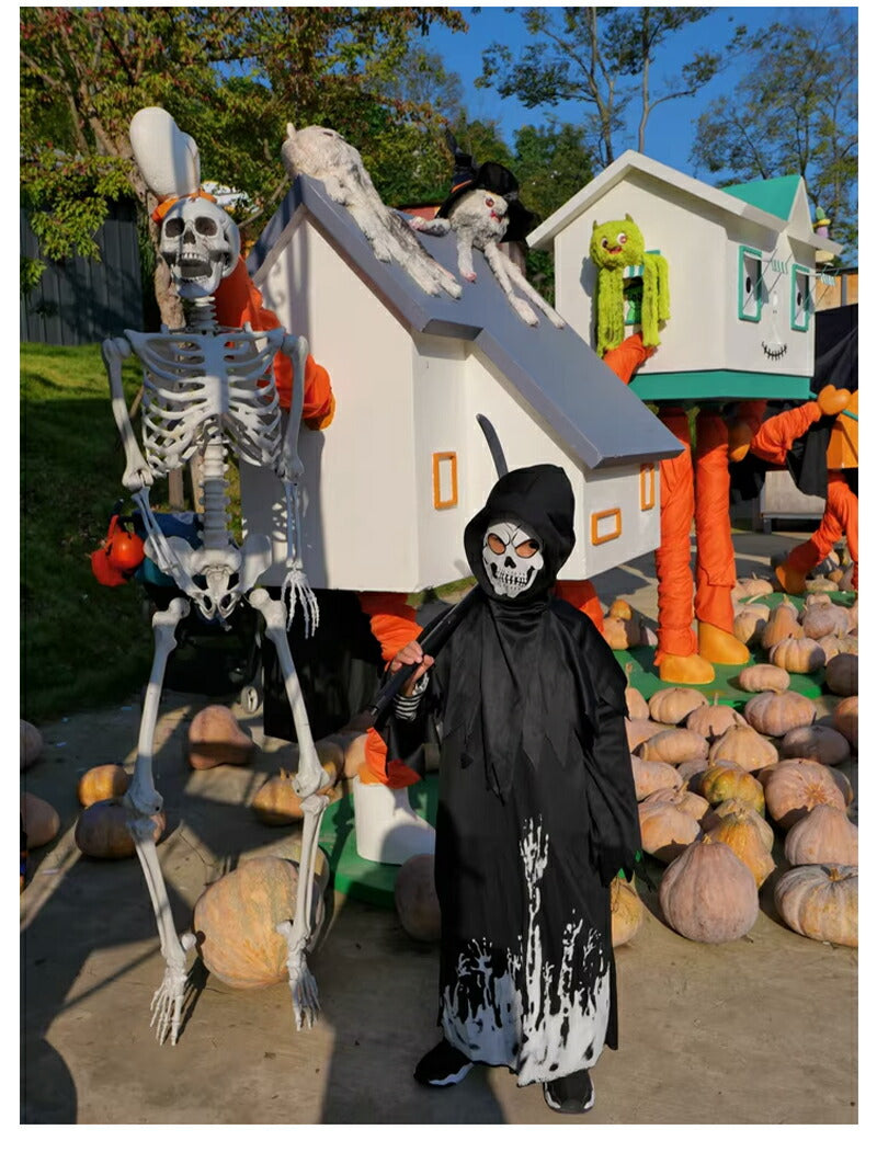 ハロウィン 衣装 子供 死神 鎌付き 4点・3点セット マント フード付き 悪魔 どくろ  骸骨 コスプレ  蛍光効果 ローブ 女の子 男の子 子供用 ハロウィン仮装 手袋 マスク 死神コス パーティー ハロウィーン衣装 キッズ 演出服 舞台