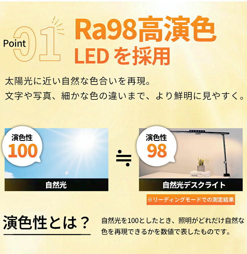デスクライト LED 目に優しい 自然光デスクライト ワイド 高演色Ra98 セード幅60cm 80cm 広範囲 勉強 学習机 電気スタンド ライト PC作業 クランプ式 デスクスタンド 調光 調色 幅広 おしゃれ ディスプレイ 新学期
