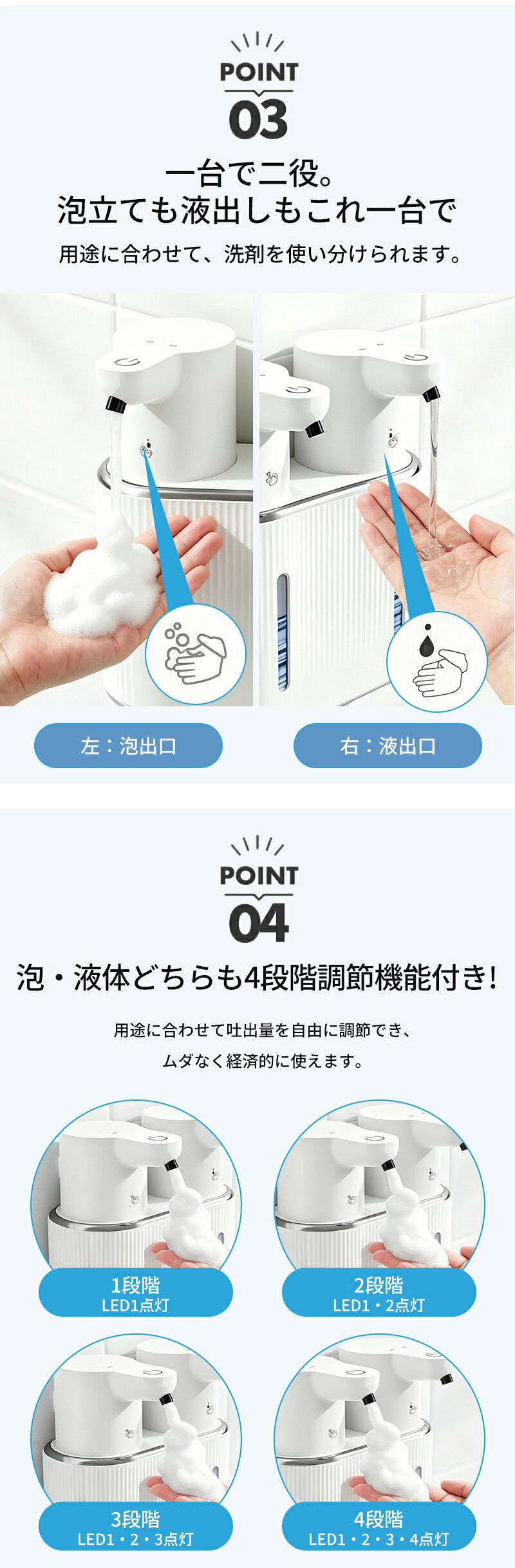 ソープディスペンサー 自動 オートディスペンサー 泡 液体 両対応 ハンドソープ 食器用洗剤 両頭式 非接触 センサー式 2WAY Type-C充電 4段階調節 壁掛け 置き型 防水 詰め替え簡単 スリム設計 キッチン 洗面所 トイレ 浴室 おしゃれ