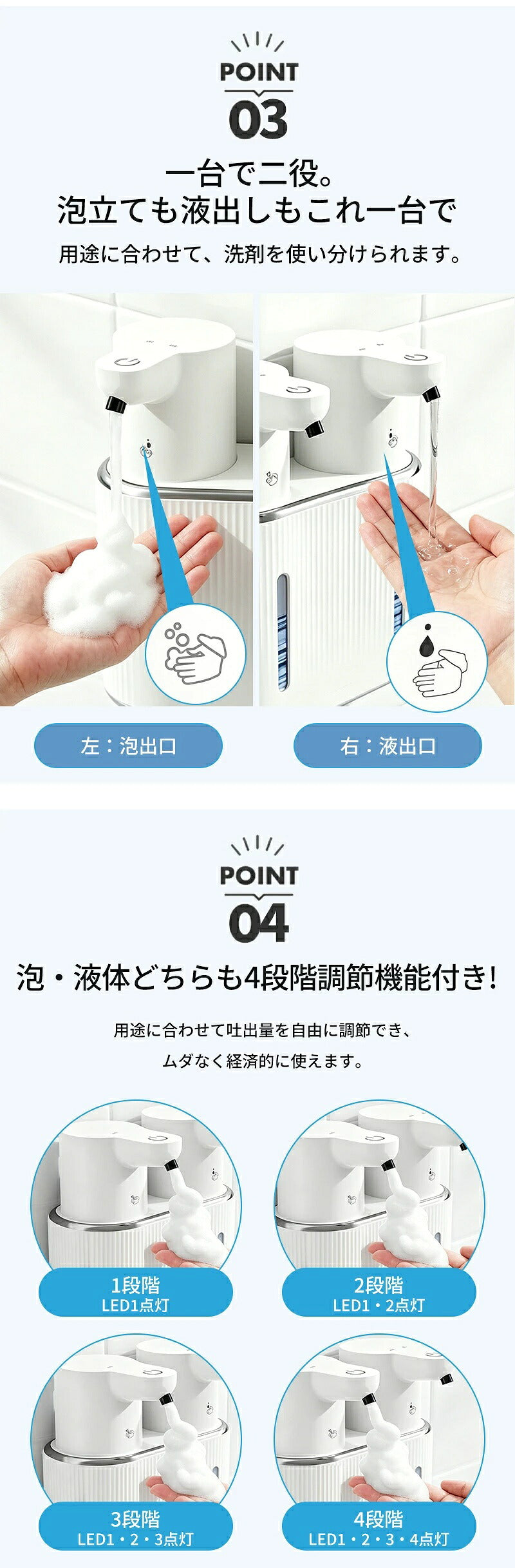 ソープディスペンサー 自動 オートディスペンサー 泡 液体 両対応 ハンドソープ 食器用洗剤 両頭式 非接触 センサー式 2WAY Type-C充電 4段階調節 壁掛け 置き型 防水 詰め替え簡単 スリム設計 キッチン 洗面所 トイレ 浴室 おしゃれ
