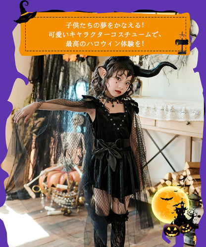 ハロウィン コスプレ 魔女 悪魔　ゴスロリ ハロウィン 仮装 小悪魔 コスチューム キッズ ゾンビ デビル ガール 魔法使い 魔法子ども  ブラック コスプレ衣装 cosplay ゴスロリ 吸血鬼 悪魔 キュートワンピ 家遊び　イベント パーティー ロリータ