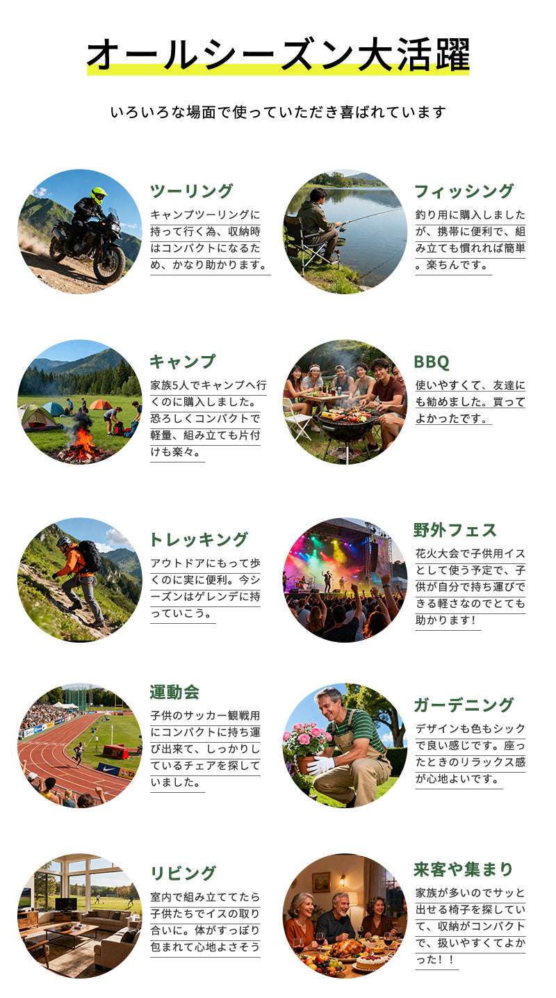 アウトドアチェア 高さ調節 折りたたみ コンパクト キャンプ椅子 ローチェア ロータイプ ハイバック 背もたれ おしゃれ 室内 ソファ代わり 軽量 屋外 山 海 レジャー スポーツ観戦 ソロキャンプ 椅子 イス チェア