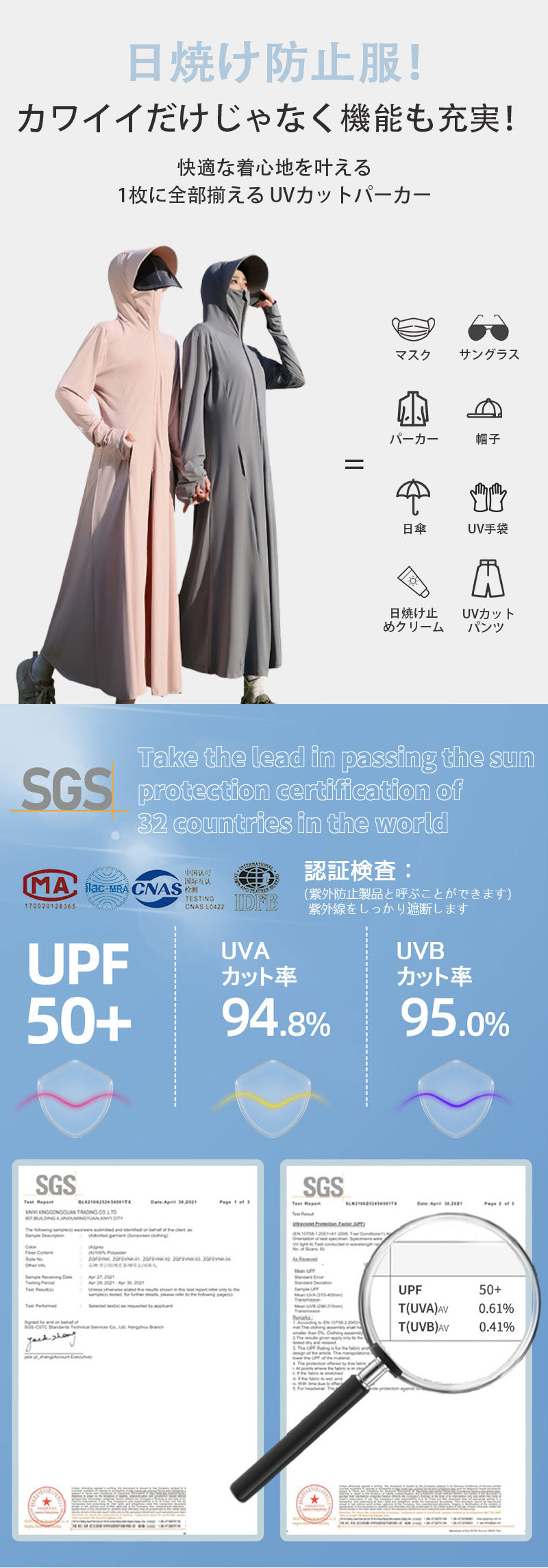 UV パーカー 冷感 -7℃ レディース UVカット 長袖 ラッシュガード 遮光 コーディング UVパーカー 2タイプ メッシュ 通気口 指穴 取り外し サンバuv-001