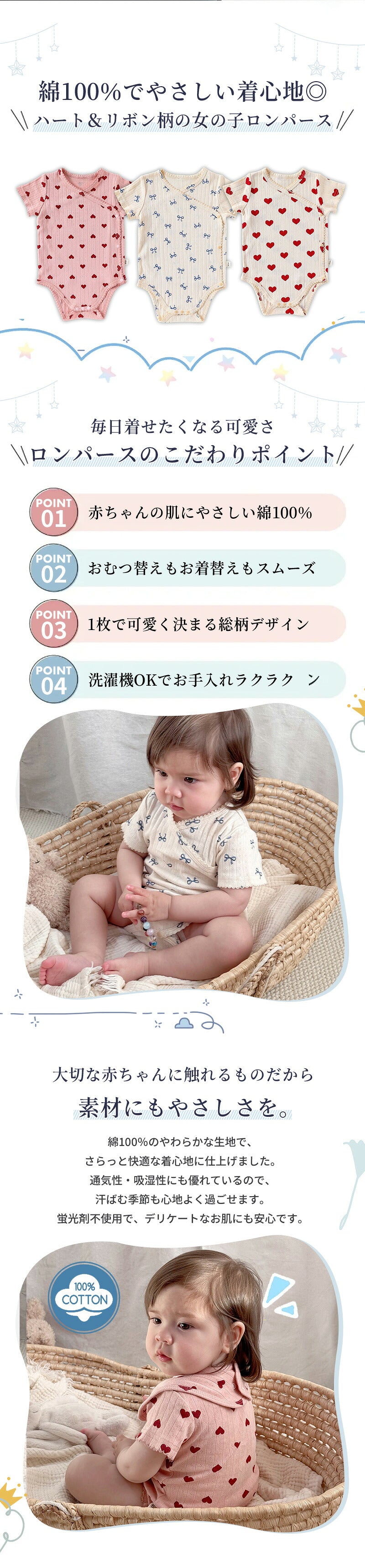 ロンパース 半袖 前開き 男の子 女の子 肌着 白 春 夏 ベビー 半袖ロンパース 綿 ナチュラル ベビー服 子供服 半そで 新生児 赤ちゃん 全開き お部屋着 夏服 出産祝い 可愛い シンプル コットン 男女兼用 かわいい