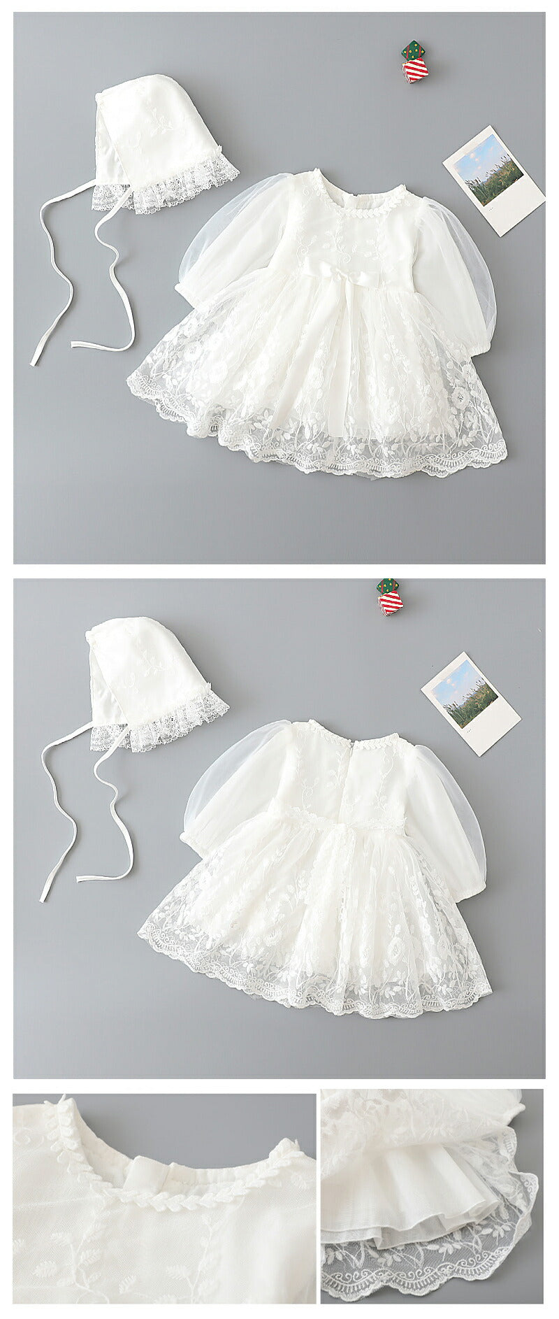 セレモニードレス ベビー ロンパース 退院着 帽子セット 新生児 ベビー服 ワンピース ベビー用品 ナチュラル系 退院 女の子 赤ちゃん お宮参り ベビードレス 花柄ドレス 女の子 レース 出産祝い フォーマル 白 結婚式