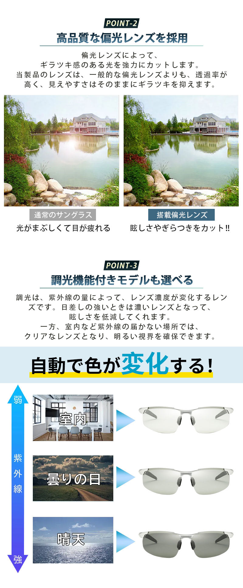 サングラス 調光 偏光 UV400 UVカット ミラーレンズ 超軽量 メンズ レディース スポーツサングラス ドライブ 運転 ランニング ゴルフ 釣り サイクリング アウトドア 紫外線対策 調光レンズ 偏光レンズ