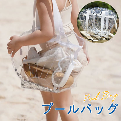 プールバッグ 女の子 キッズ 子供 プールバック 貝殻柄 シースルーバッグ 可愛い かわいい  レディー 小学生 低学年  高学年 ジュニア ビーチバッグ プール 中が見える 肩掛け 軽い 旅行 温泉 おしゃれ お風呂  シンプル　 韓国ファション バッグ ギラギラ PVC