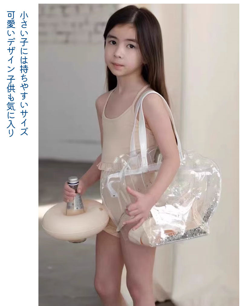 プールバッグ 女の子 キッズ 子供 プールバック 貝殻柄 シースルーバッグ 可愛い かわいい  レディー 小学生 低学年  高学年 ジュニア ビーチバッグ プーhandbag-003
