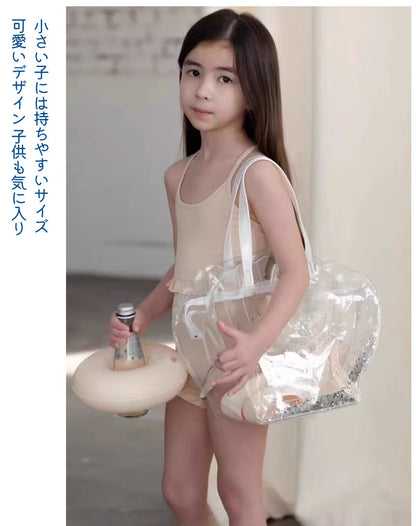 プールバッグ 女の子 キッズ 子供 プールバック 貝殻柄 シースルーバッグ 可愛い かわいい  レディー 小学生 低学年  高学年 ジュニア ビーチバッグ プール 中が見える 肩掛け 軽い 旅行 温泉 おしゃれ お風呂  シンプル　 韓国ファション バッグ ギラギラ PVC