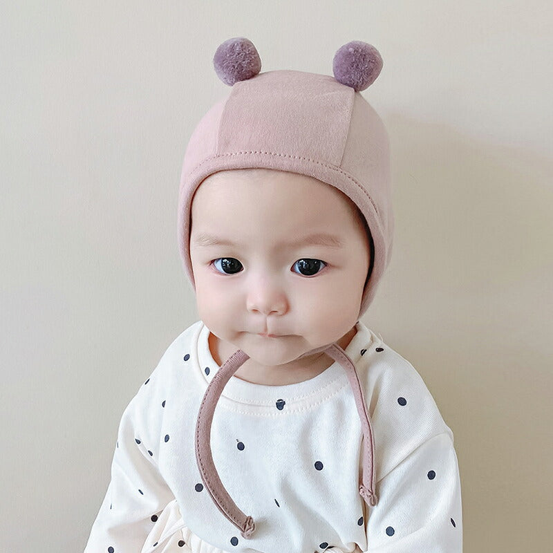 【一部即納】赤ちゃん 帽子 6か月 ベビー 帽子 耳付き  ボンネット 42 女の子 かわいい 男の子 可愛い 冬 春 新生児 ベビー帽子 サイズ 防寒 ポンポン コットン くま耳