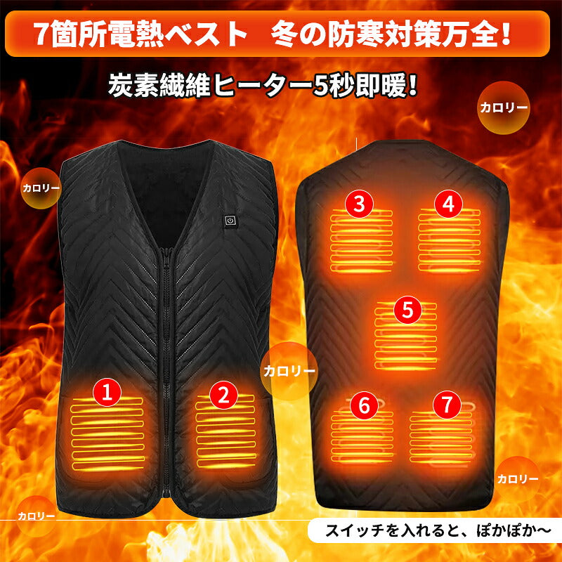 電熱ベスト ヒーターベスト  電熱ジャケット 防寒着 アウター 充電式 加熱ベスト 7箇所加熱 防寒 USB給電 薄型 洗濯可能 インナー 三段階調節 男女兼用 軽量 ヒートベスト メンズ レーディス バッテリー別売り