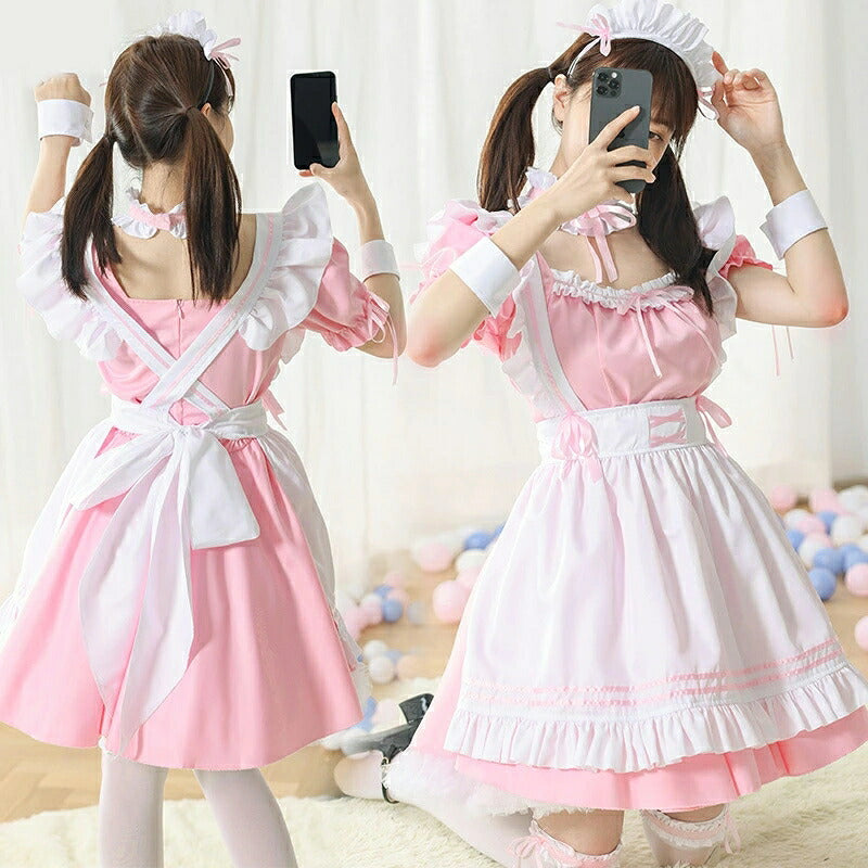一部即納★ メイド服 メイド 服 6点セット コスプレ 可愛い 女の子 レディース メンズ 半袖 ロリータ ワンピース リボン 黒 ピンク ハロウィン 衣装 大きいサイズ 定番 S-5XL 男性ウケ かわいい 洋服 クラシカル ゴスロリ
