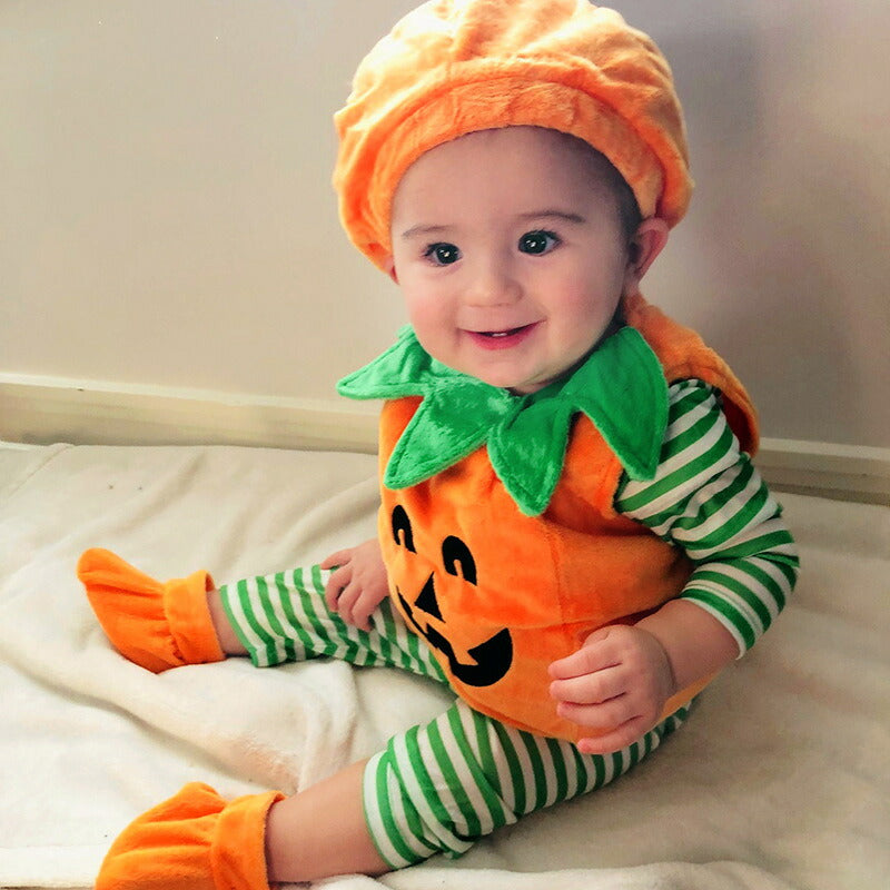 ロンパース ベビー  かぼちゃ カボチャ３点セット 男の子 女の子 ハロウィン  仮装 コスチューム ベビーコスチューム 秋 冬 80 90 100 110 ベロア 写真撮影 ノースリーブ かわいい 人気 新作 ファッション おしゃれ クリスマス