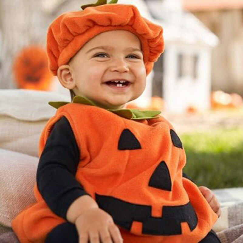 ロンパース ベビー  かぼちゃ カボチャ３点セット 男の子 女の子 ハロウィン  仮装 コスチューム ベビーコスチューム 秋 冬 80 90 100 110 ベロア 写真撮影 ノースリーブ かわいい 人気 新作 ファッション おしゃれ クリスマス