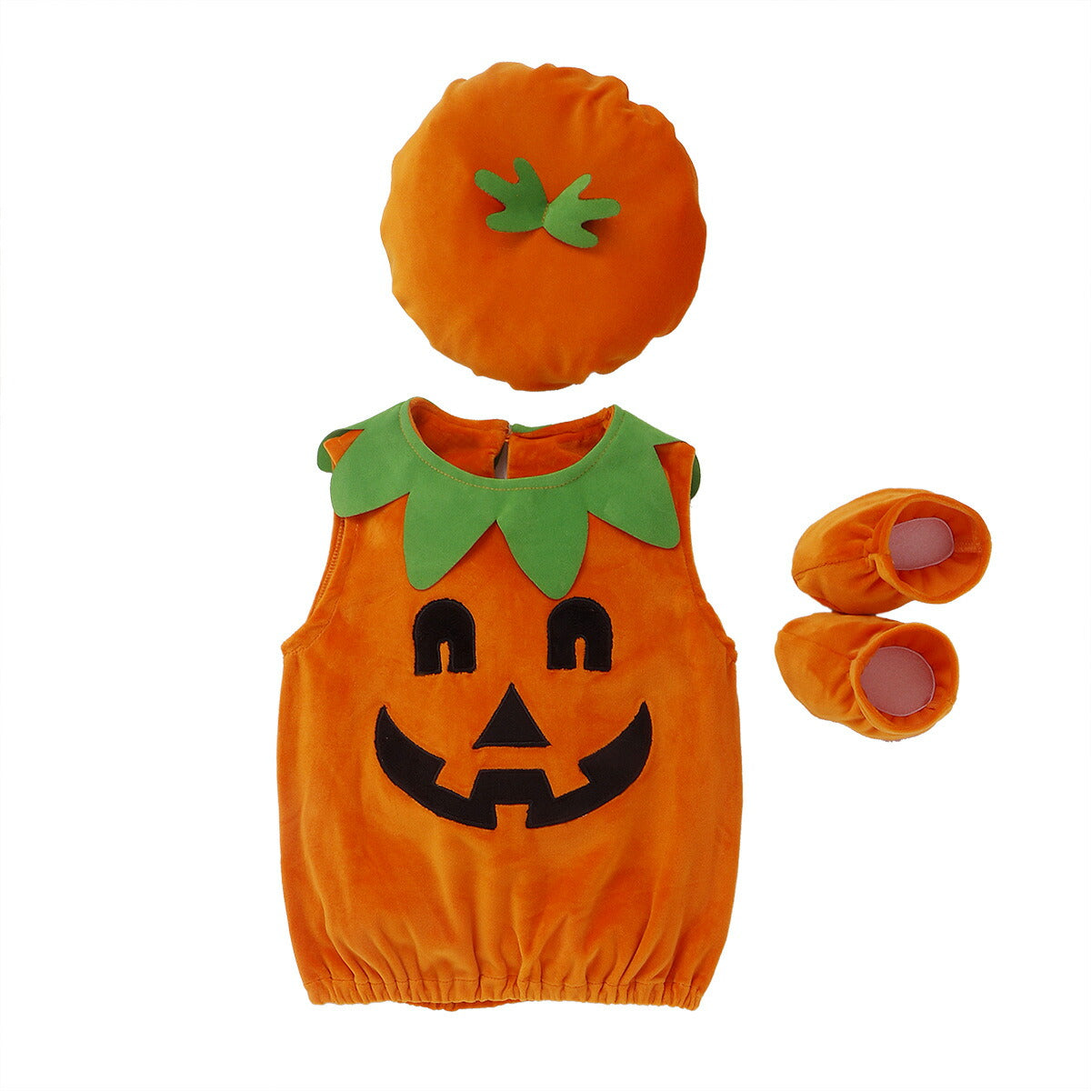 ロンパース ベビー  かぼちゃ カボチャ３点セット 男の子 女の子 ハロウィン  仮装 コスチューム ベビーコスチューム 秋 冬 80 90 100 110 ベロア 写真撮影 ノースリーブ かわいい 人気 新作 ファッション おしゃれ クリスマス