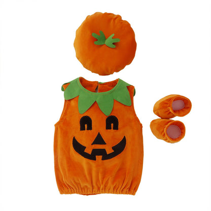 ロンパース ベビー  かぼちゃ カボチャ３点セット 男の子 女の子 ハロウィン  仮装 コスチューム ベビーコスチューム 秋 冬 80 90 100 110 ベロア 写真撮影 ノースリーブ かわいい 人気 新作 ファッション おしゃれ クリスマス